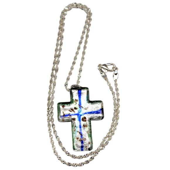 Vintage Art Glass 1.75" Cross •22" Sparkling Silvertone Rope Chain •Green & Blue - Picture 1 of 5